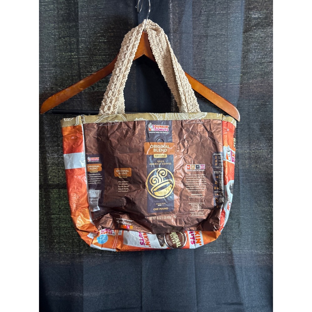 Handmade Dunkin Donuts Upcycled Coffee Bag Tote Bag Crochet Handles Floral